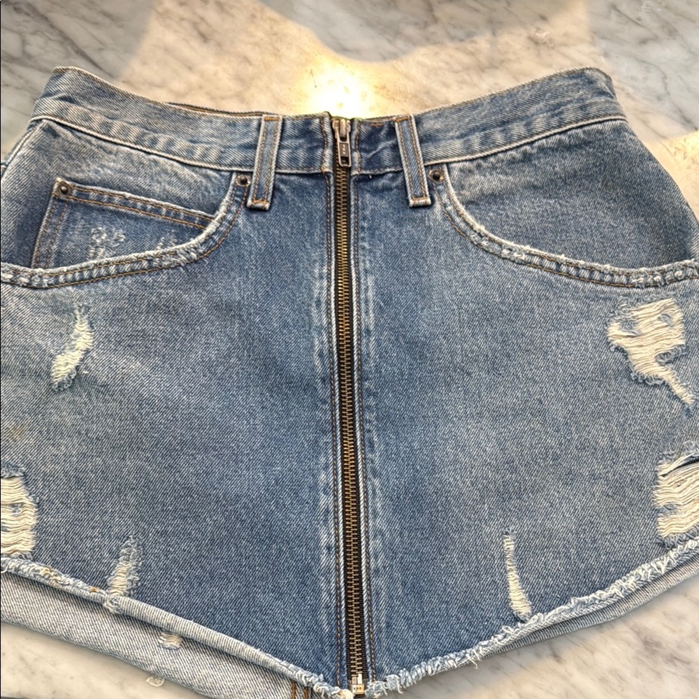 Carmar Light Blue Distressed Denim Skater Skirt with Front Zip